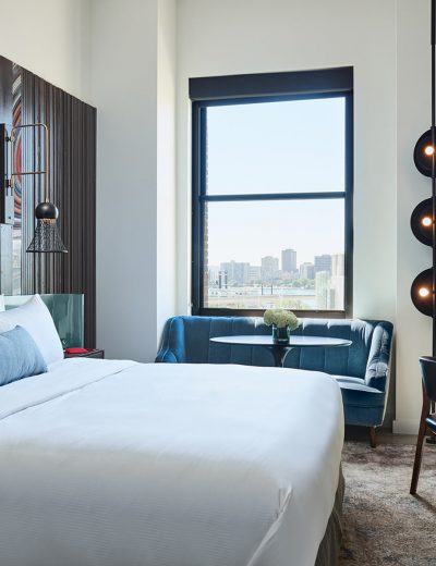 Detroit boutique hotel room decorated in blue and brown