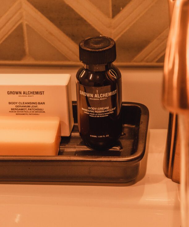 Grown Alchemist brand toiletries in a hotel room in Detroit, Michigan