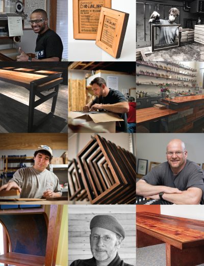 Collage of woodworking images from our Detroit hotel's collaborators