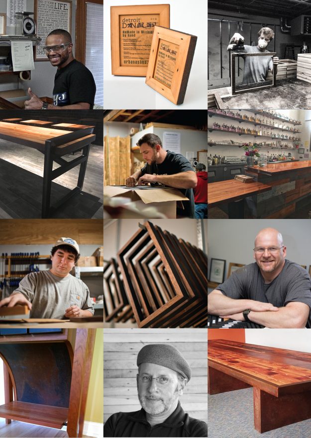 Collage of woodworking images from our Detroit hotel's collaborators