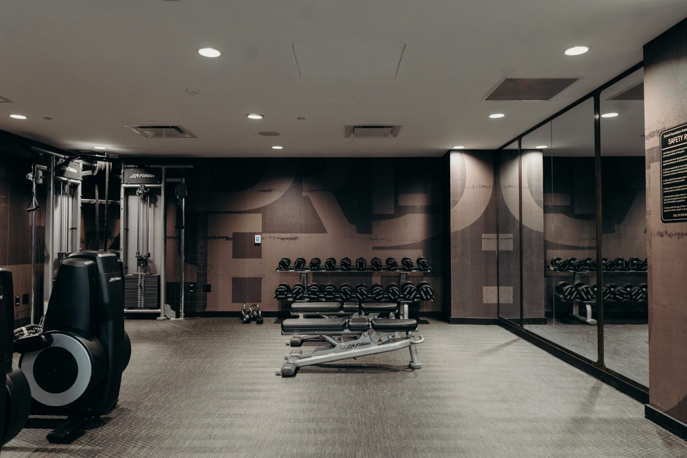 Elliptical, weights, and floor to ceiling mirror at the fitness center in our hotel in downtown Detroit.