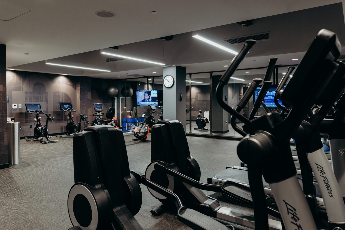 Our downtown Detroit hotel fitness center featuring stationary bikes, tv, rower, treadmills and elliptical machines.