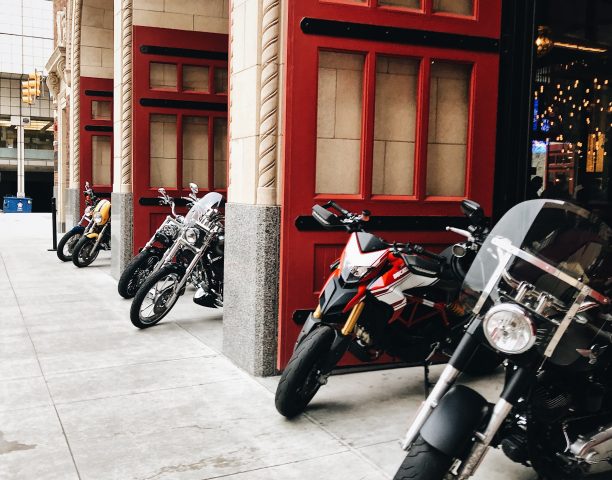 Motorcycles parked out front of our Detroit Hotel's restaurant