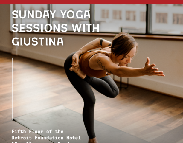 Sunday Yoga flyer at our downtown detroit hotel with Guistina