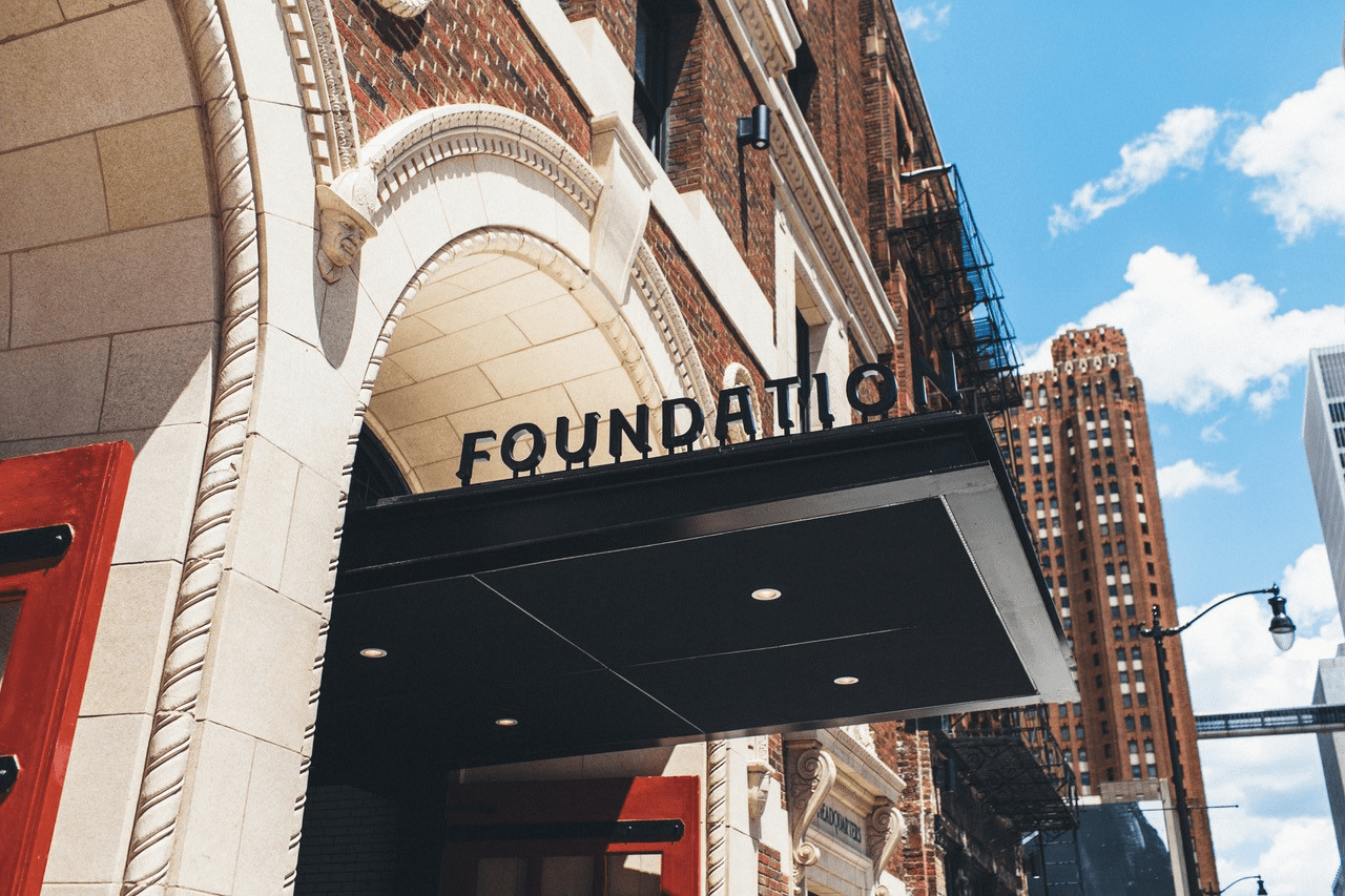 "Foundation" sign at the entrance of our downtown Detroit hotel