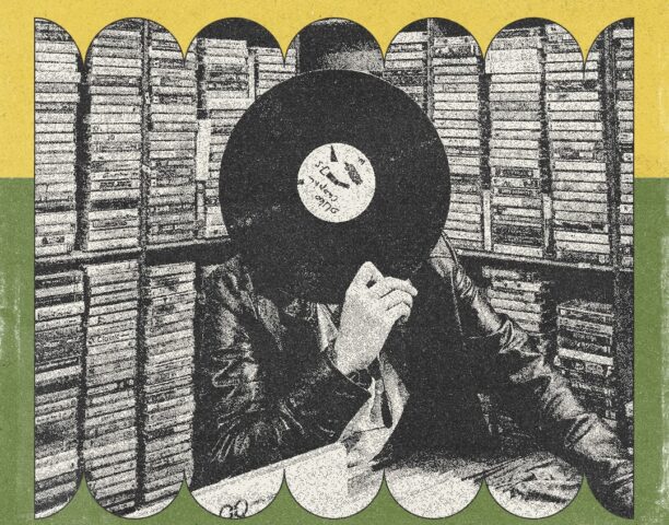 Drawing of a man holding a vinyl record over his face, with a colorful border
