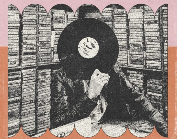 Colorful border around a drawing of a man with a vinyl record over his face