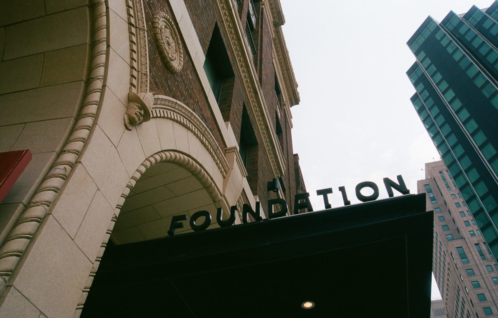 "Foundation" sign atop the entrance of our downtown Detroit hotel