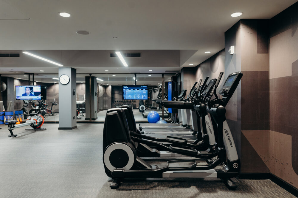 Exercise equipment at the fitness center of our hotel in downtown Detroit.