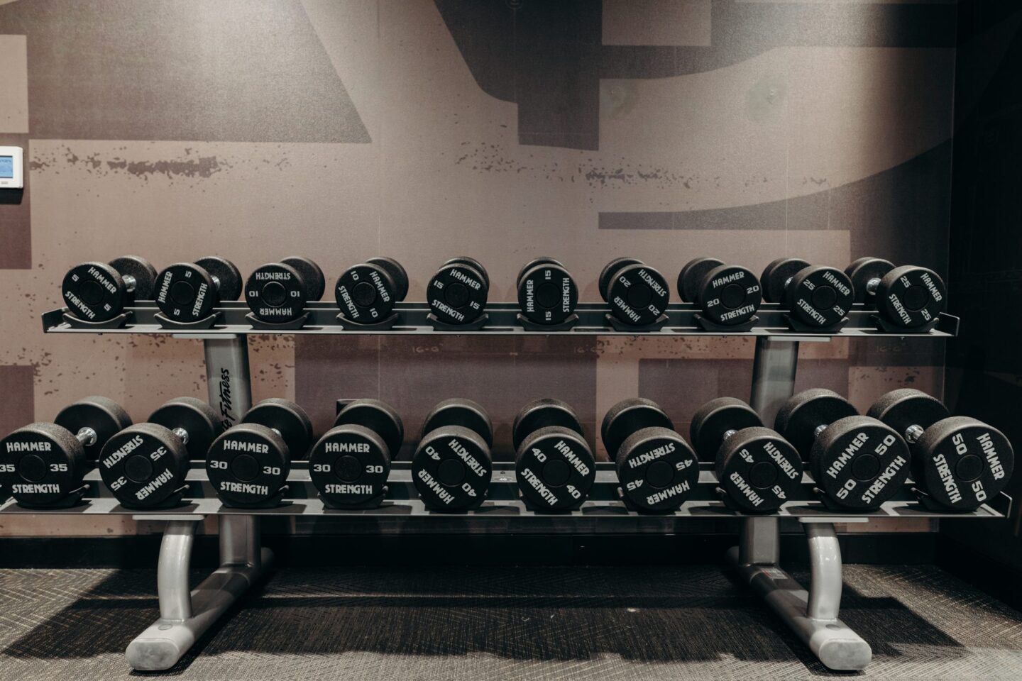 Dumbbells lined up on a rack in a gym, weights labeled Hammer Strength from light to heavy on a metal stand