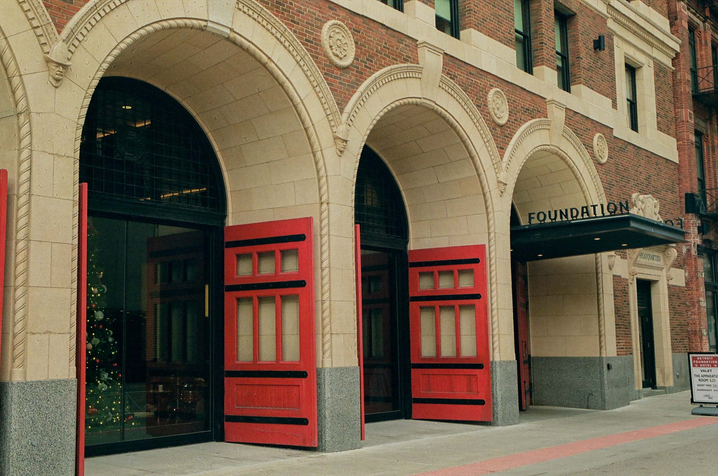 Exterior of Detroit Foundation Hotel in downtown Detroit, one block from Hart Plaza and Movement Festival