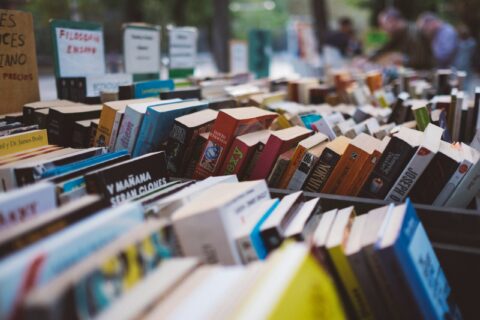 Outdoor book market with long tables of colorful book spines facing the viewer, slightly blurred background trees.
