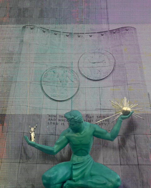 Green kneeling muscular statue holds a sunburst orb in the right hand, with a small figure in the left, set against a mural featuring large coins and a Bible verse behind.