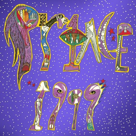 Psychedelic album cover for Prince '1999' with colorful, doodle-style letters on a purple starry background.