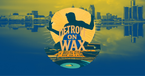 Breakdancer silhouette over a vinyl record with the Detroit on Wax logo, against a Detroit city skyline reflection in water.