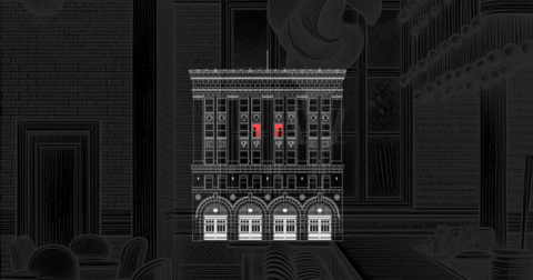 Line drawing of a tall, ornate brick building with three arched ground-floor doors; two upper-story windows are highlighted in red.