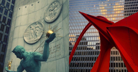 Split image: left shows a teal statue holding a glowing gold sphere in front of a monument wall; right shows a large red abstract steel sculpture beside glass skyscrapers.